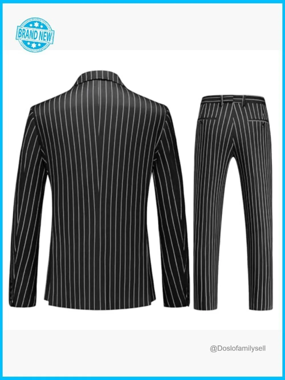 Slim Fit Pinstripe Suit Set Classic Elegant Formal Tuxedo Jacket Vest Pants